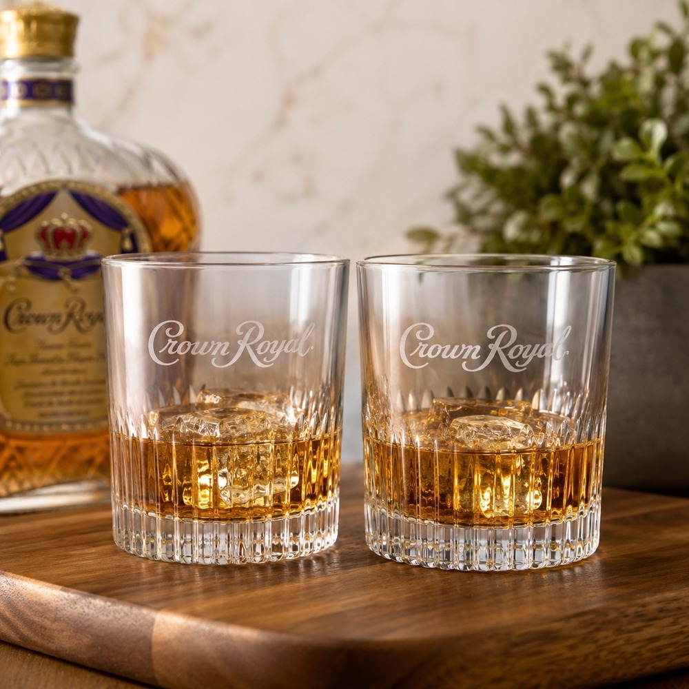 Crown Royal Whiskey Glasses Set of 2 Lowball Rocks Glass Etched Logo Fluted Base